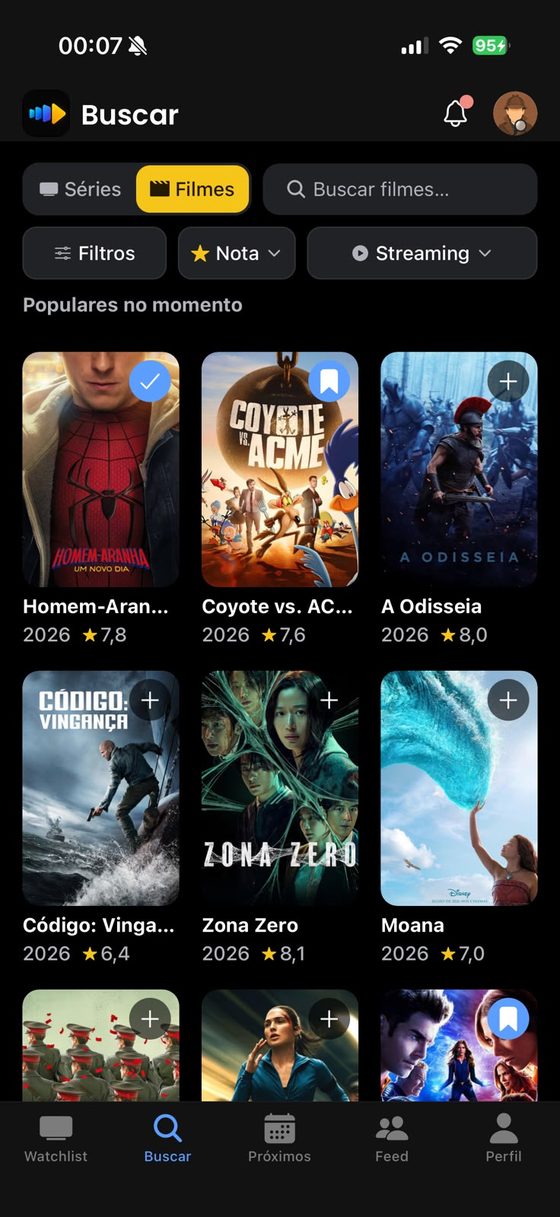 Busca do Next Episode com os filmes populares do momento, nota e filtros de streaming.