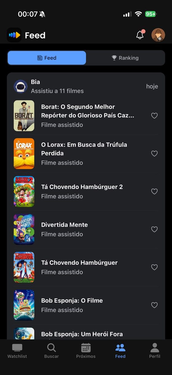 Feed de atividades mostrando os filmes que um amigo assistiu hoje.