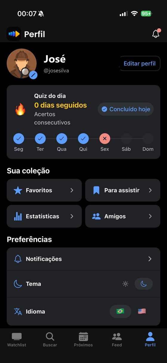 Tela de perfil com o quiz do dia, a sequencia da semana, a colecao e as preferencias.