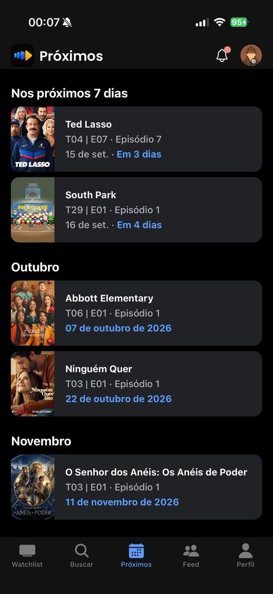 Tela Proximos, com a data de estreia dos proximos episodios agrupada por semana e por mes.