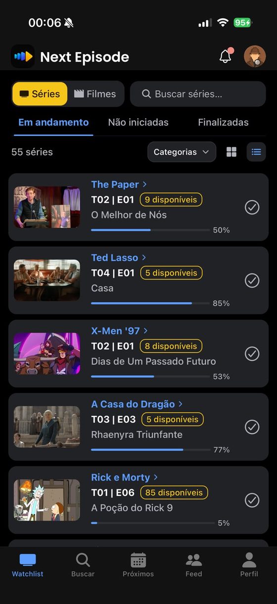 Watchlist do Next Episode: cada serie com o proximo episodio, quantos episodios estao disponiveis e o progresso da temporada.
